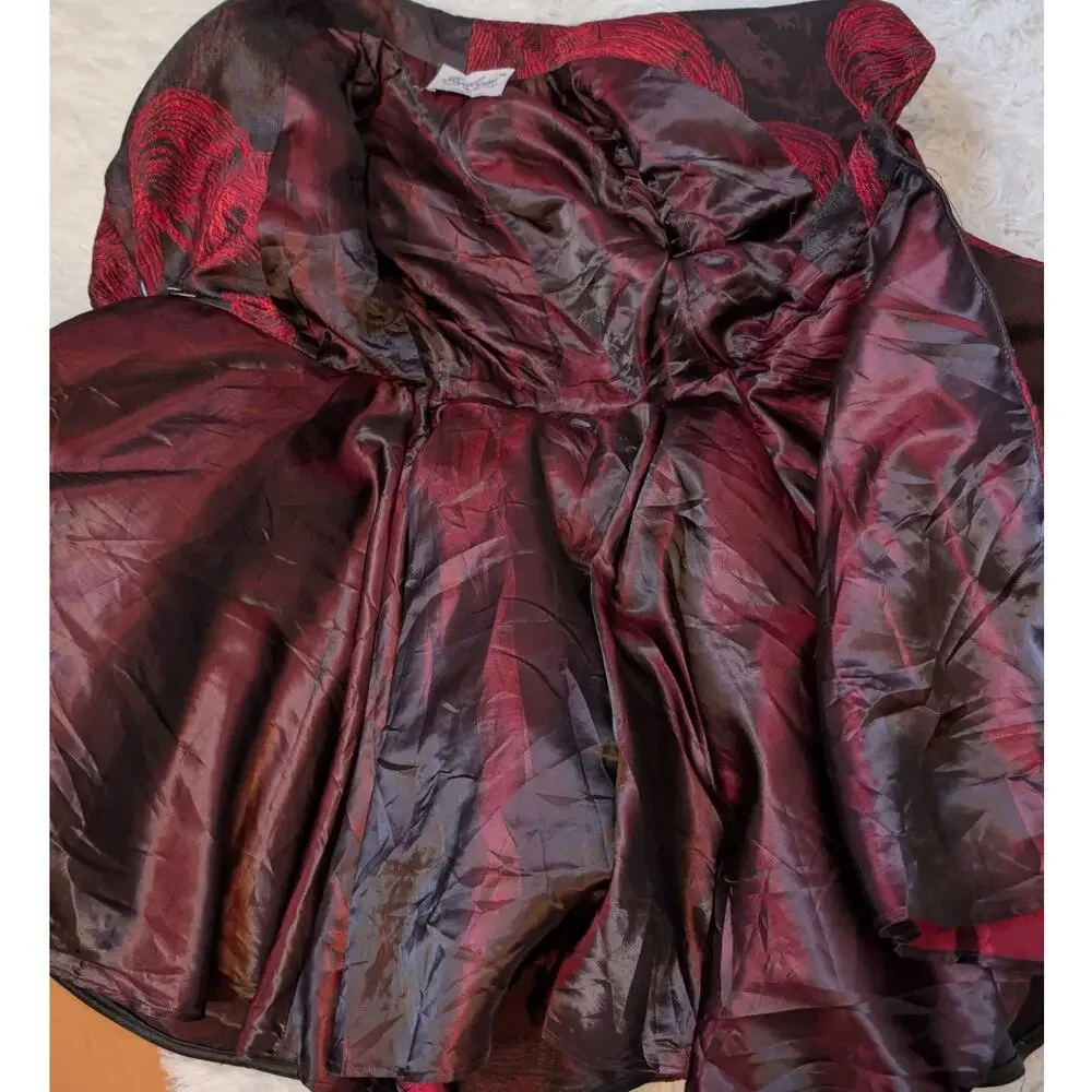 Vintage 80s Issabeau Girls Brocade Party Coat Dress Red Black Jacquard Fit Flare